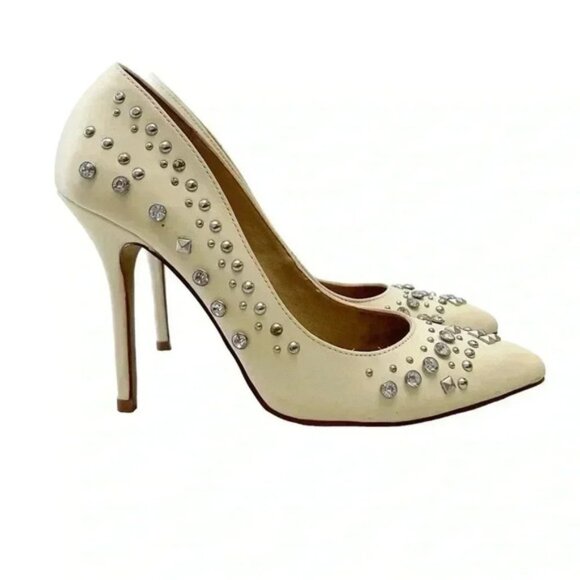 Aldo Cream Leather Pumps Pointed Toe High Heel Rhinestone Studded Stiletto 7.5 - Picture 1 of 16